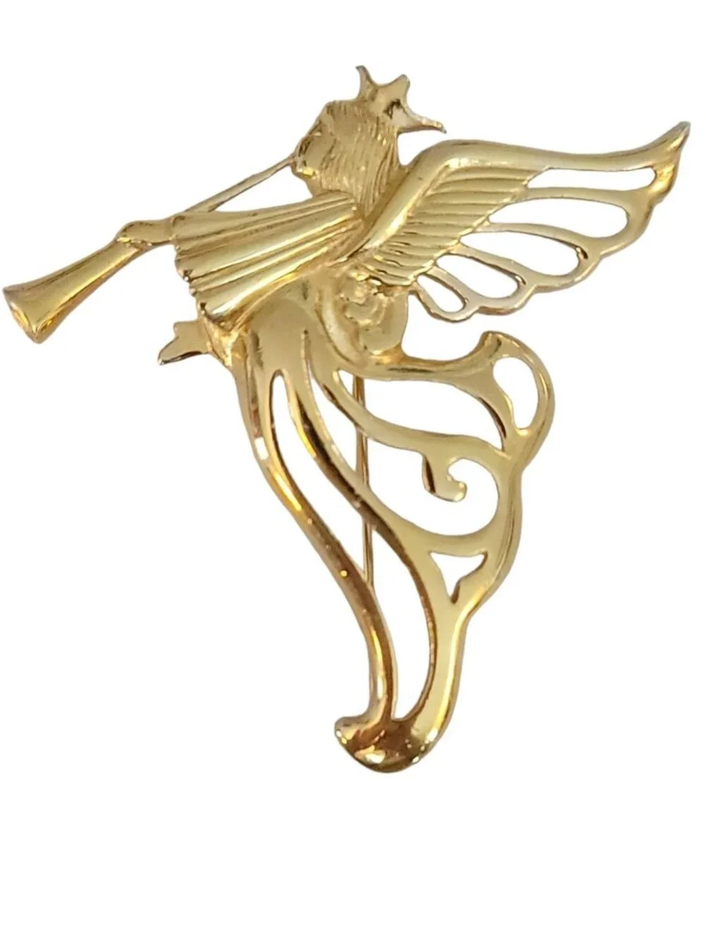 Givenchy Gold Tone Angel Blowing Horn Brooch Pin, Signed M456